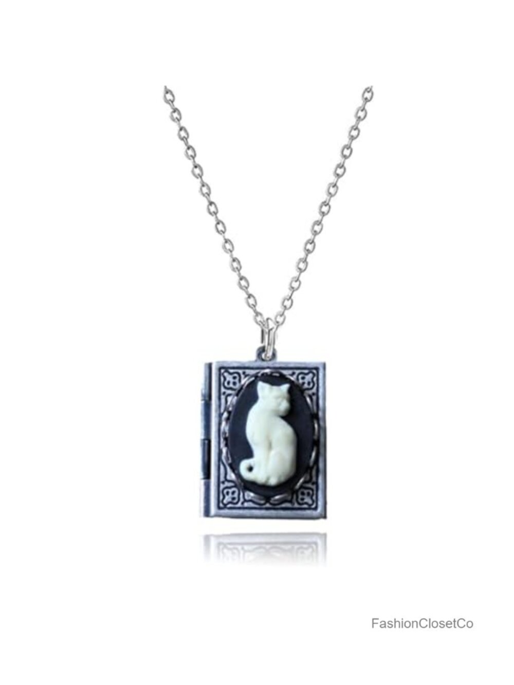 Vintage Photo Locket Book Necklace Gothic Cameo Cat Pendant Halloween Jewelry